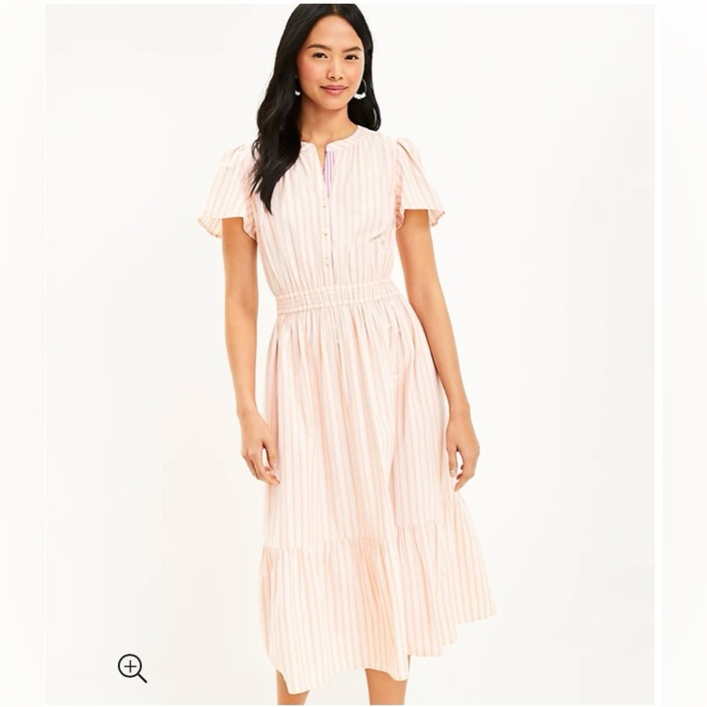 🍑 Loft Peach Striped Smocked Midi Dress 🍑